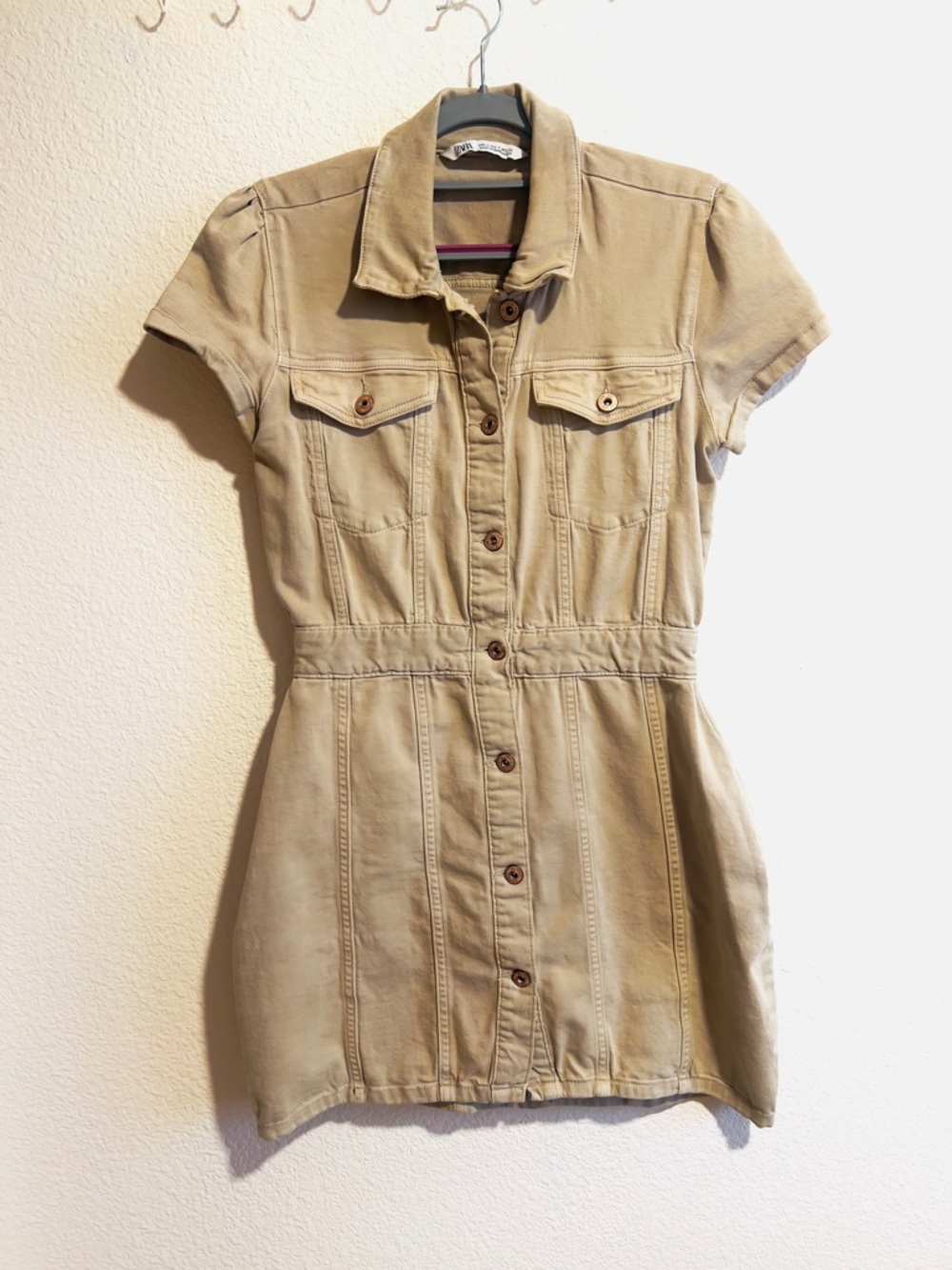 Zara Khaki Button-Front Short Sleeve Shirt Dress